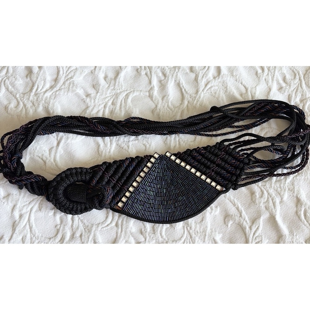 Vtg 70s‎ 80s Signed Manett Macrame Beaded Boho Hippie Belt Couture Sz 34-36"